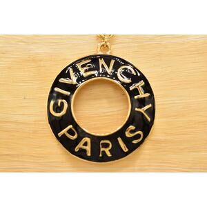 Givenchy Vintage Logo Pendant Necklace Gold Black Enamel Chunky Signed RARE BinN